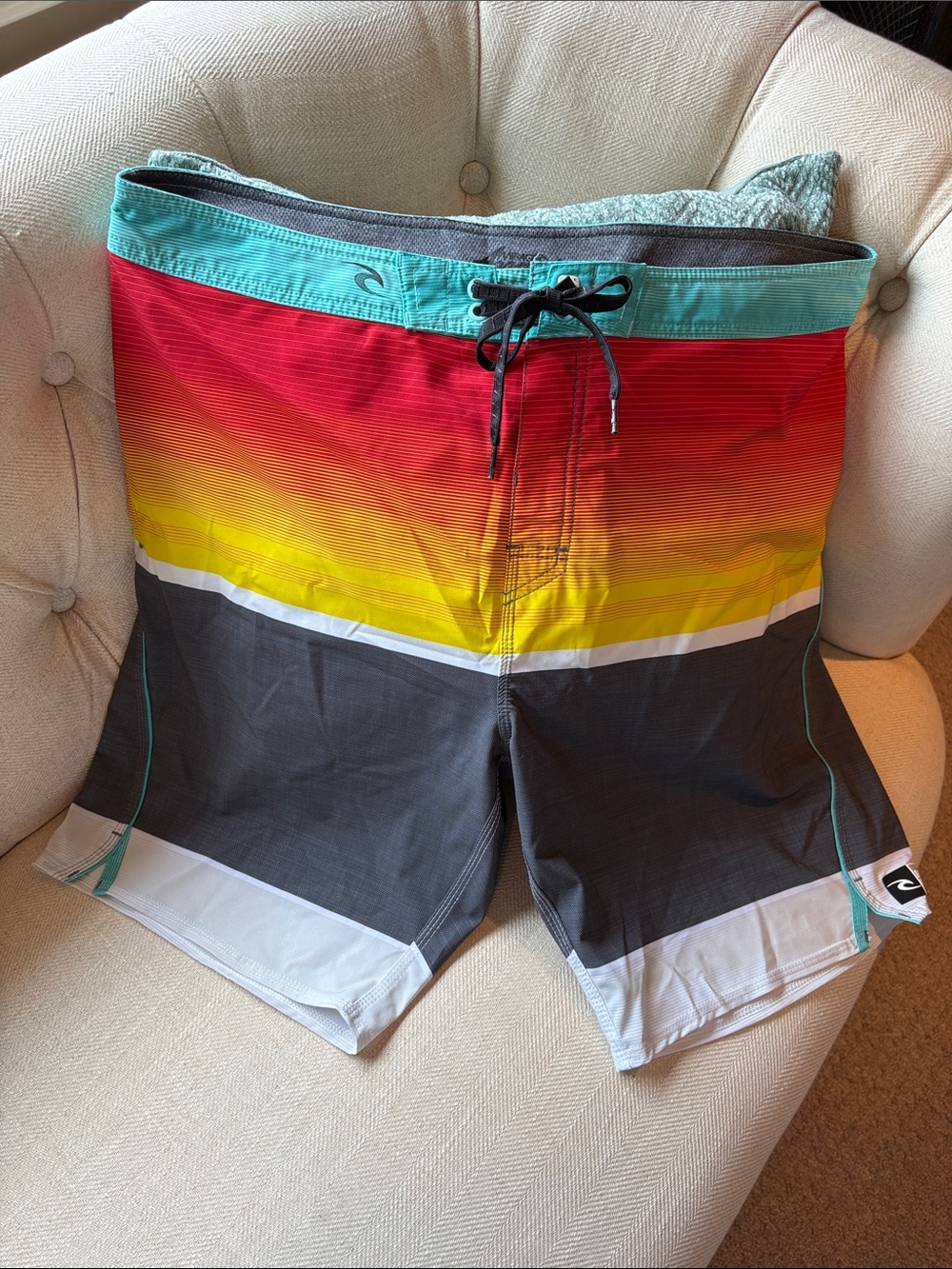 Rip Curl Men's Multicolor Gradient Stripe Boardshorts - Red, Yellow, Gray, Teal